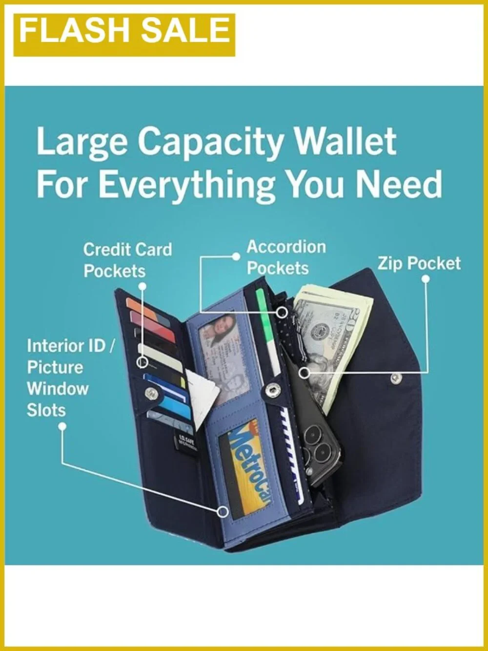 Vegan Leather RFID Blocking Wallet, Bifold Clutch with 14 Card Slots and Coin